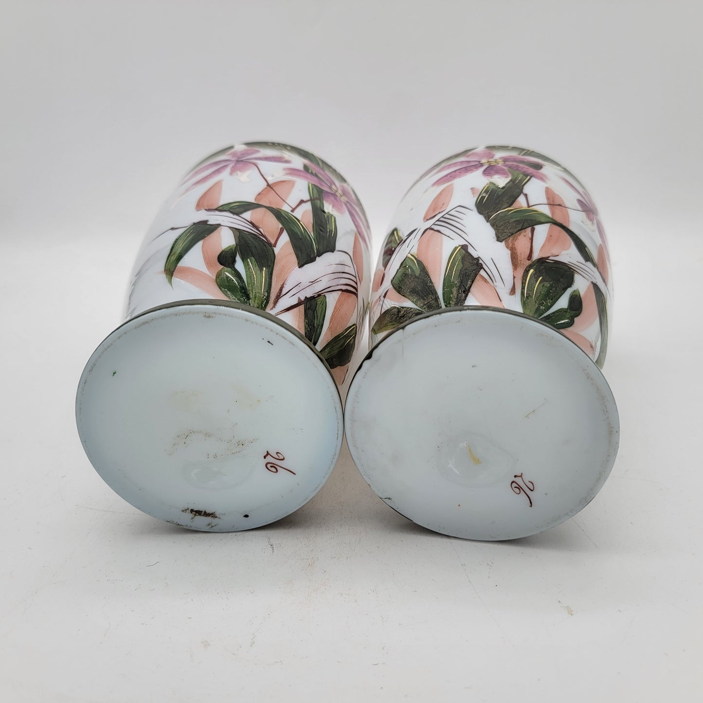 Pair of Large Hand Painted Bristol Glass Vases