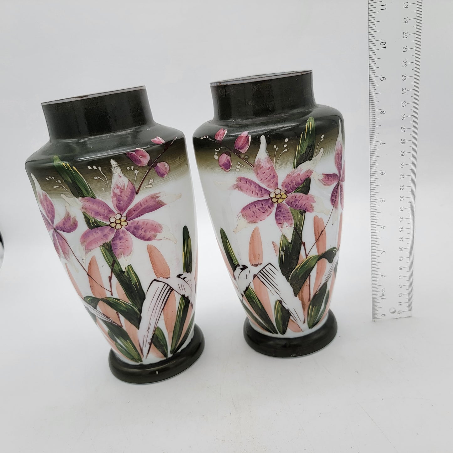 Pair of Large Hand Painted Bristol Glass Vases