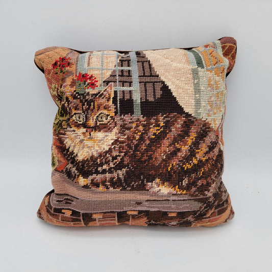 Vintage Needlepoint Cat Pillow