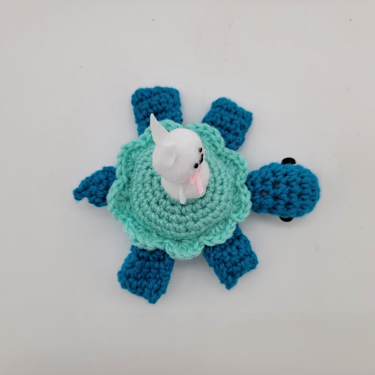 Hand Crocheted Turtle Special Easter Bunny on Blue