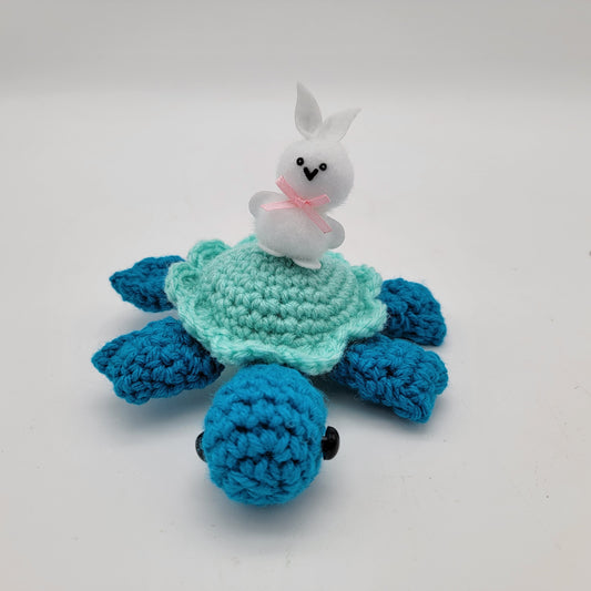 Hand Crocheted Turtle Special Easter Bunny on Blue