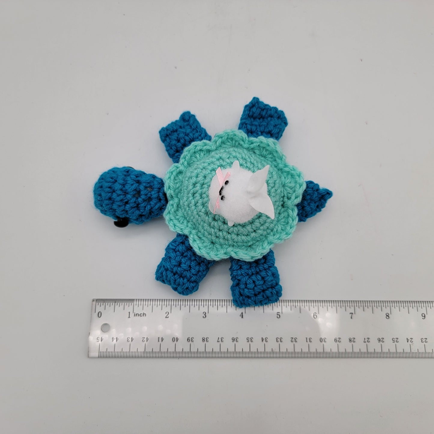 Hand Crocheted Turtle Special Easter Bunny on Blue