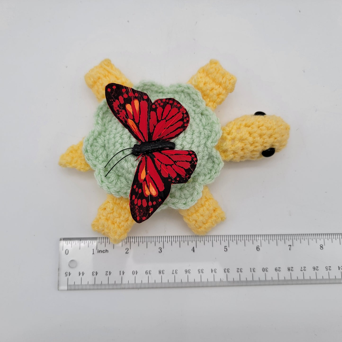 Hand Crocheted Turtle Yellow and Green with Butterfly