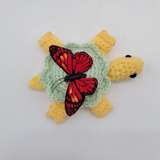 Hand Crocheted Turtle Yellow and Green with Butterfly