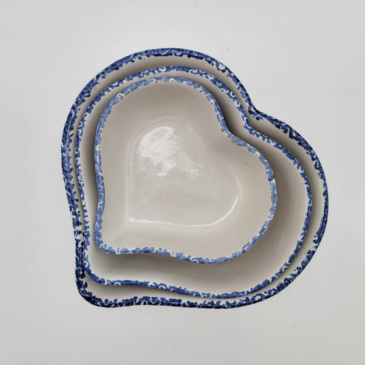 Blue Spongeware Nesting Heart Bowls