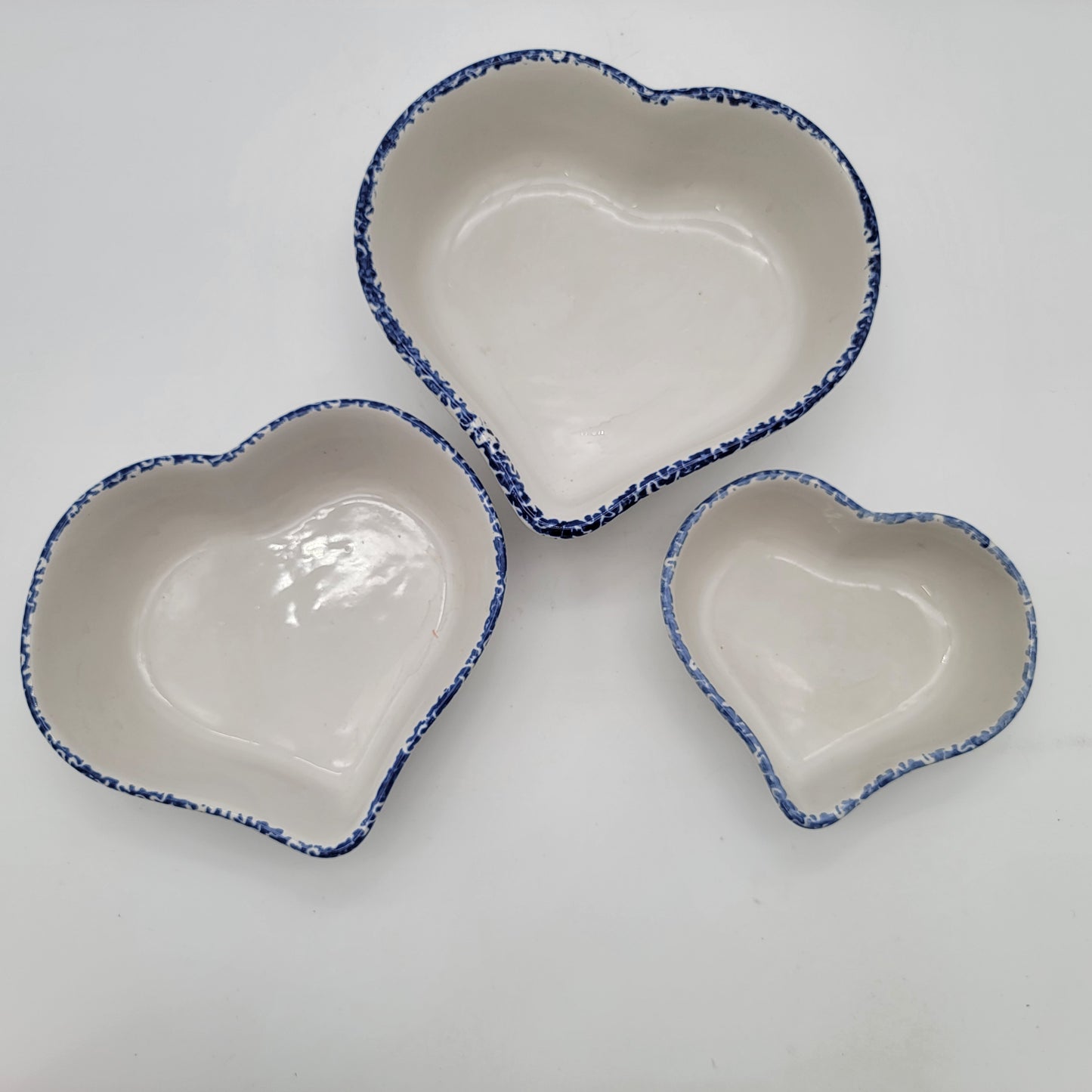 Blue Spongeware Nesting Heart Bowls