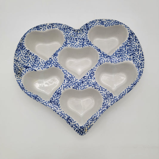 Blue Spongeware Heart Shaped Muffin Dish