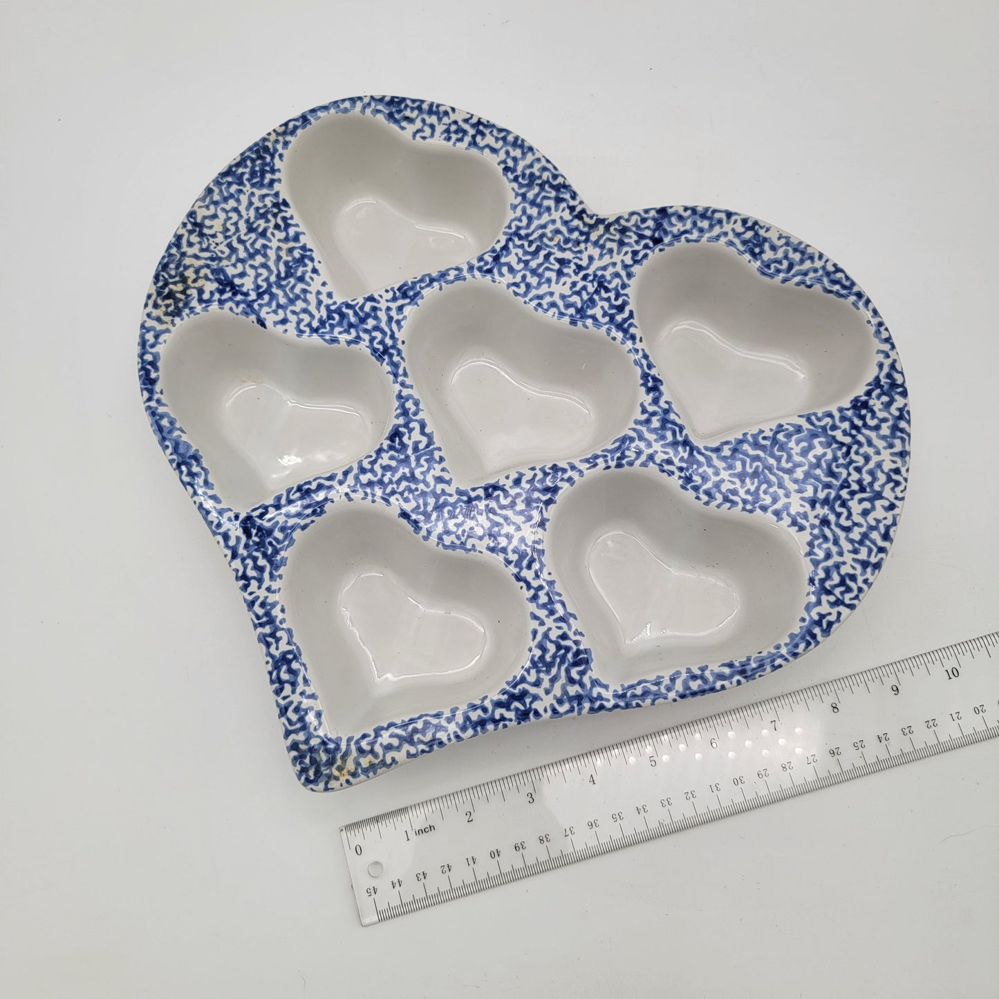 Blue Spongeware Heart Shaped Muffin Dish