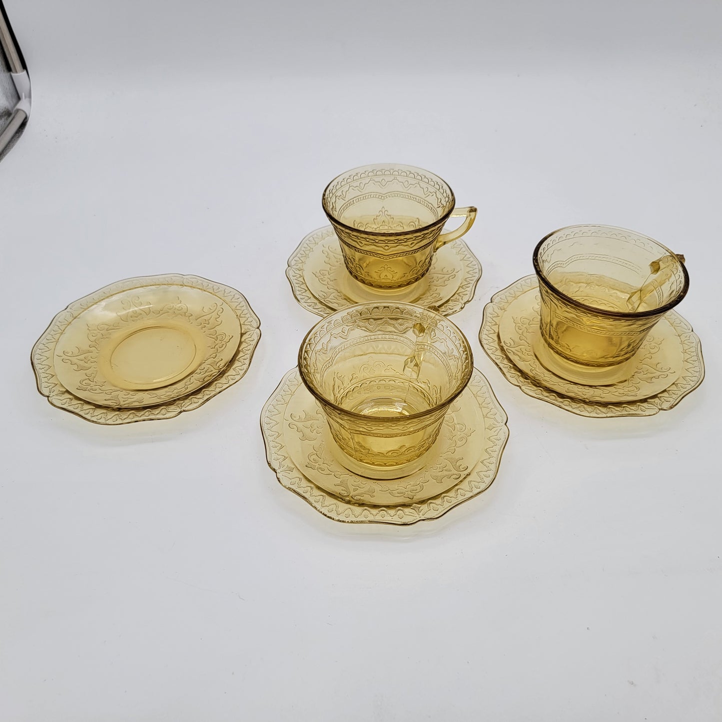 Set of 3 Federal Depressian Glass Patrician Pattern Cups and Saucers