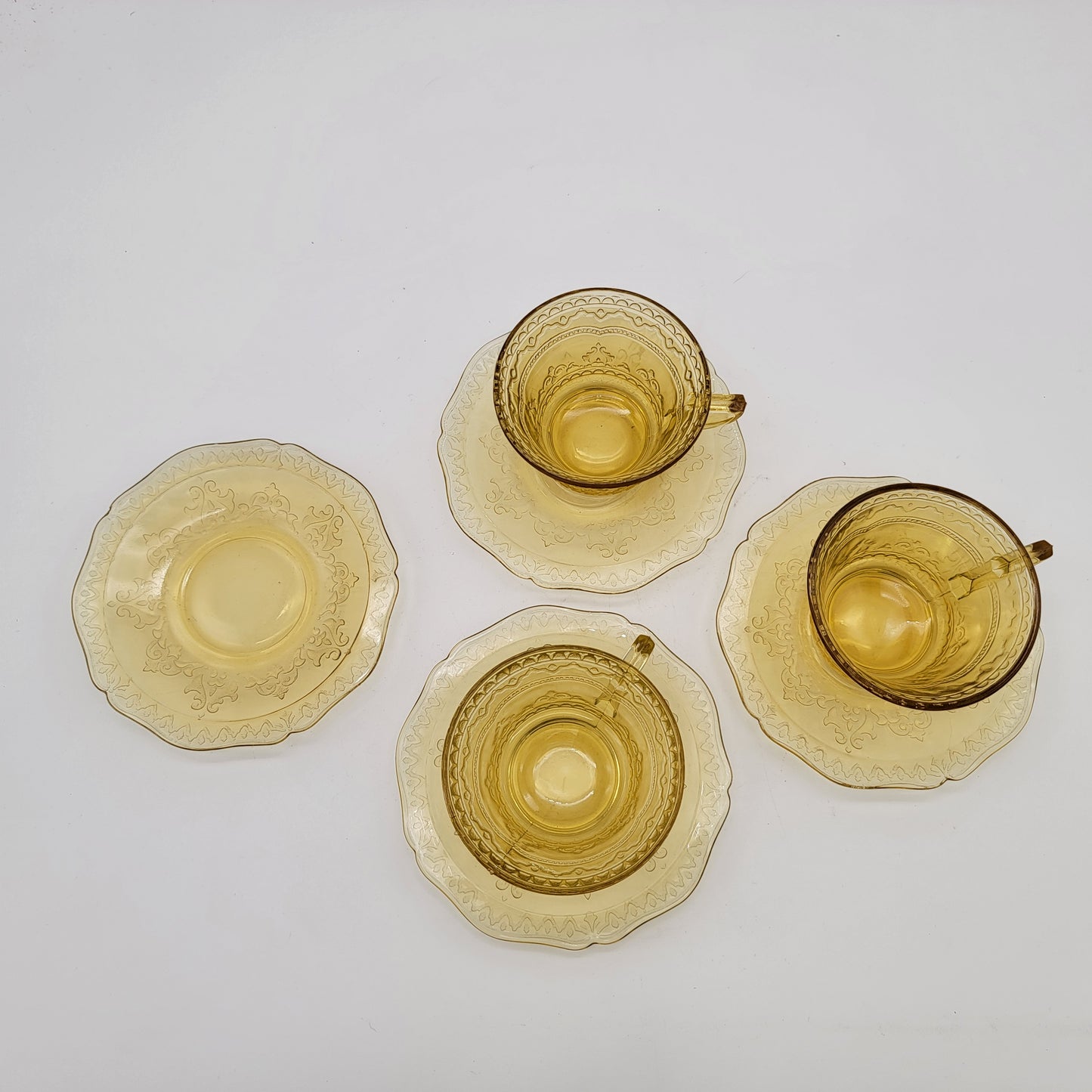 Set of 3 Federal Depressian Glass Patrician Pattern Cups and Saucers