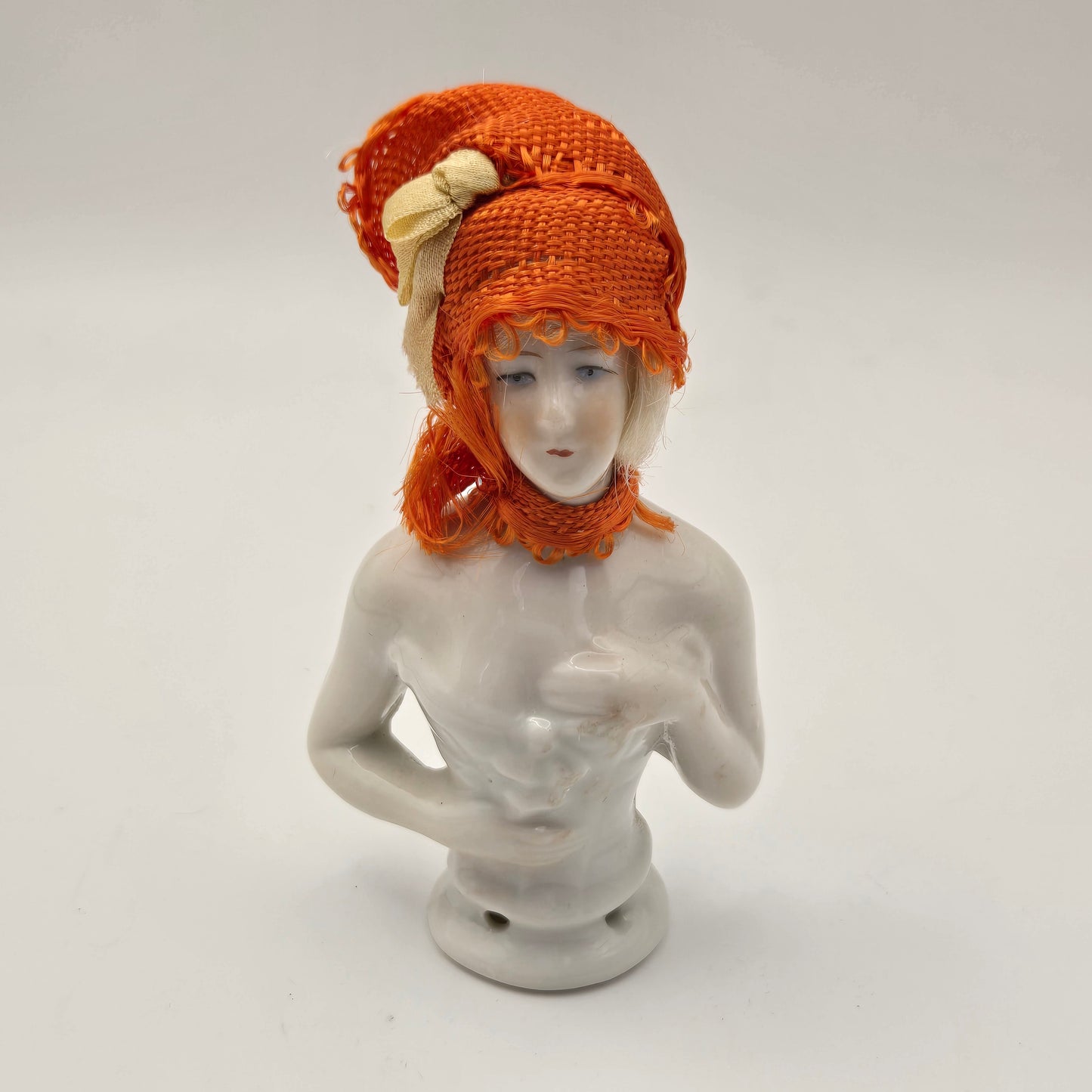 Antique German Porcelain Blonde Mohair Half Doll Orange Scarf