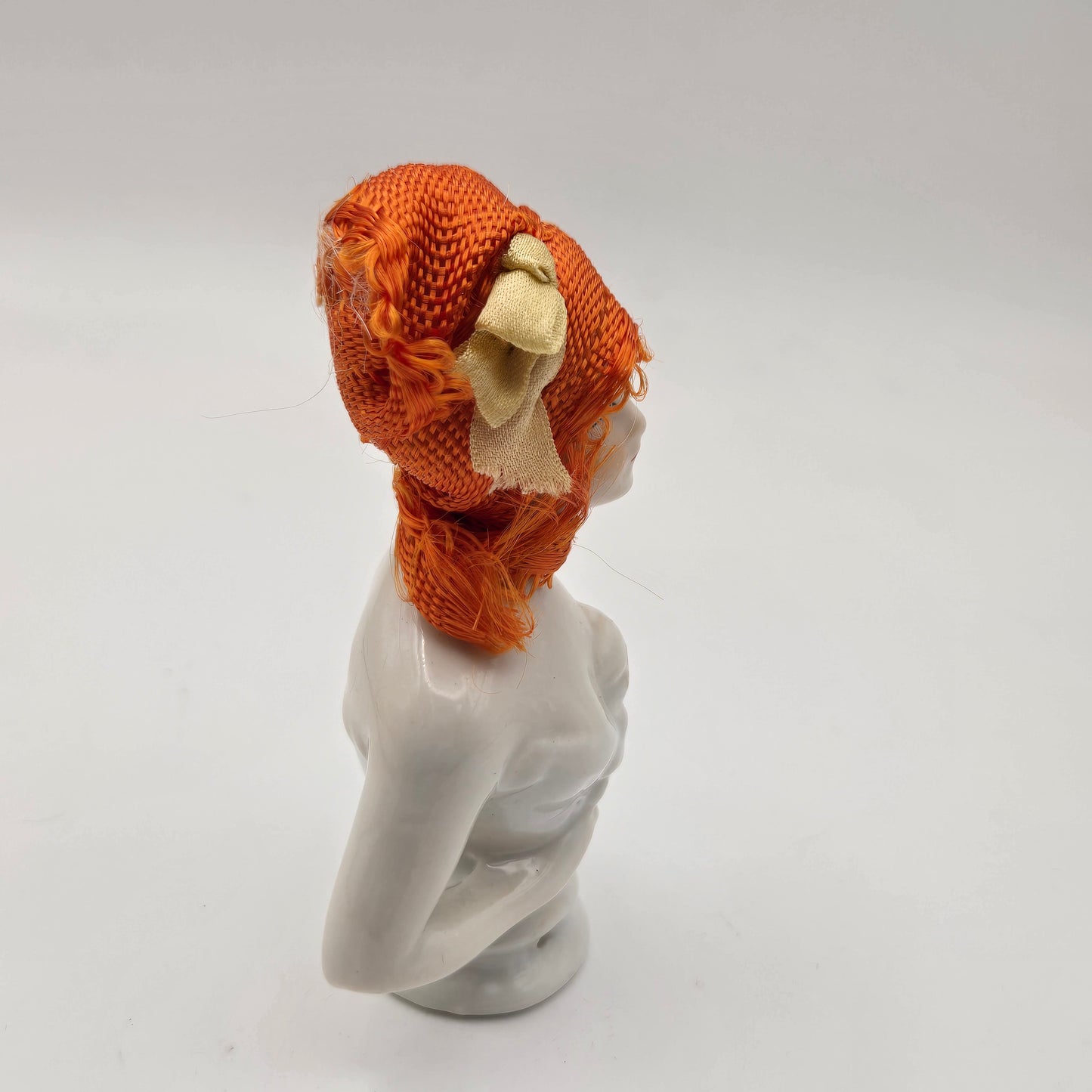 Antique German Porcelain Blonde Mohair Half Doll Orange Scarf