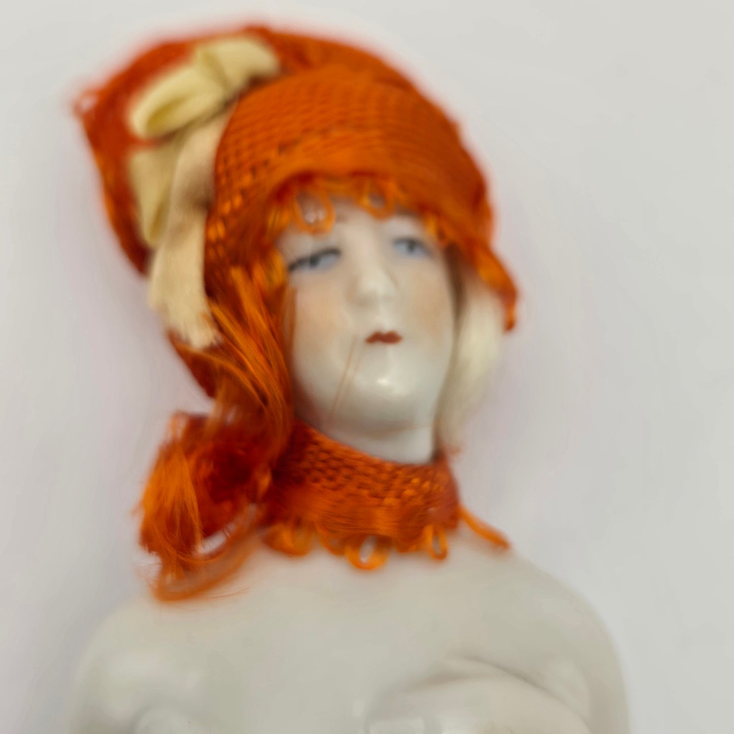 Antique German Porcelain Blonde Mohair Half Doll Orange Scarf