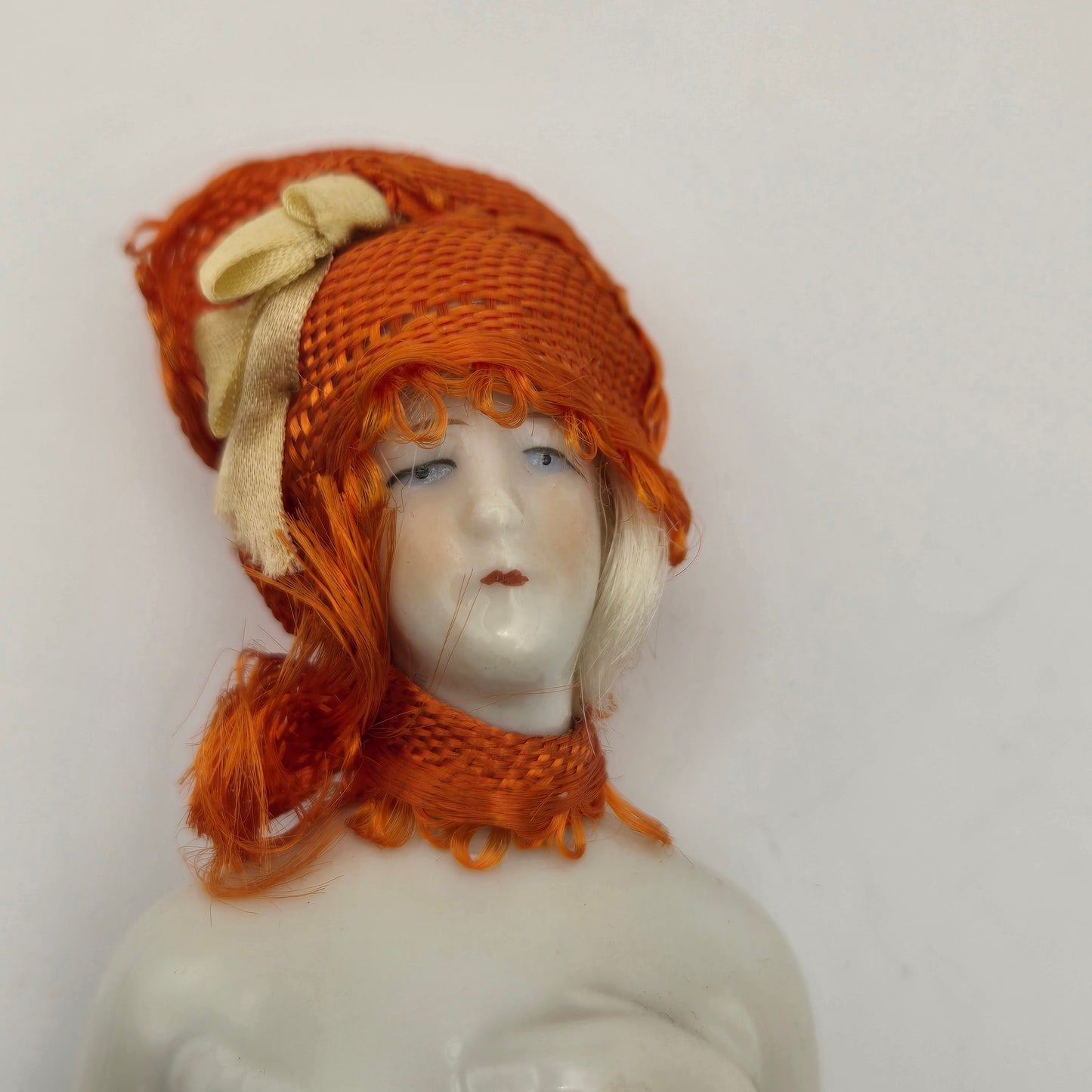 Antique German Porcelain Blonde Mohair Half Doll Orange Scarf