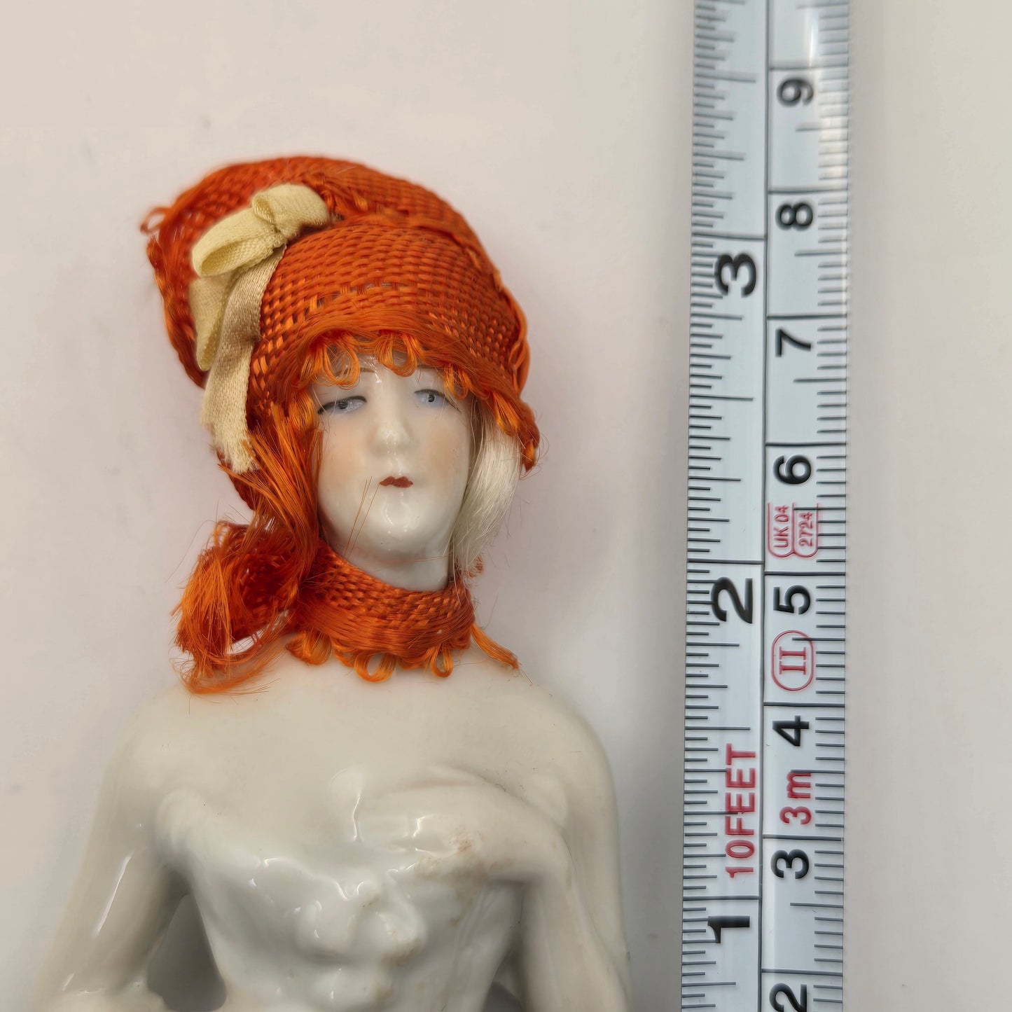 Antique German Porcelain Blonde Mohair Half Doll Orange Scarf