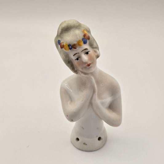 Antique German Porcelain Blonde Half Doll Multicolor Head Band