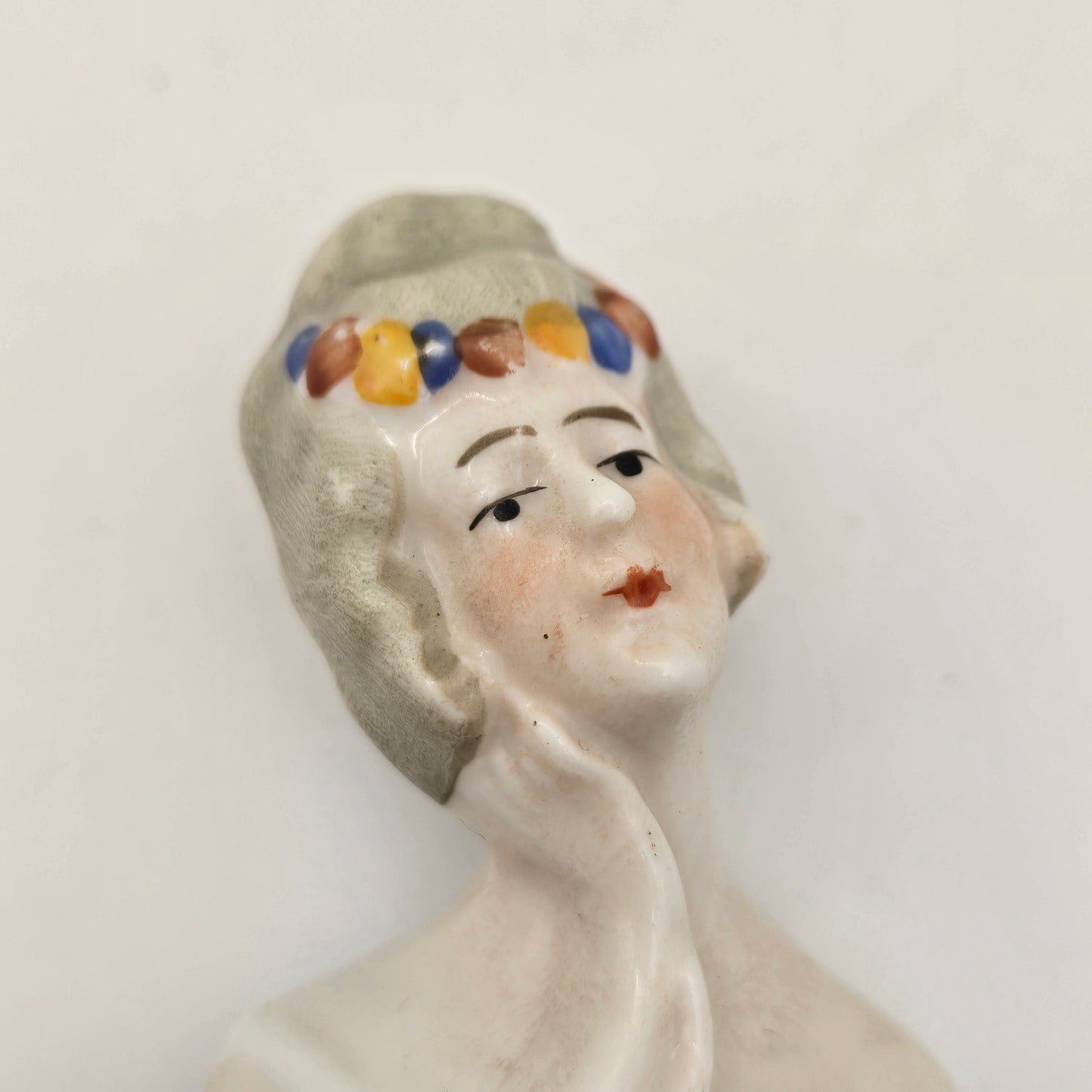 Antique German Porcelain Blonde Half Doll Multicolor Head Band