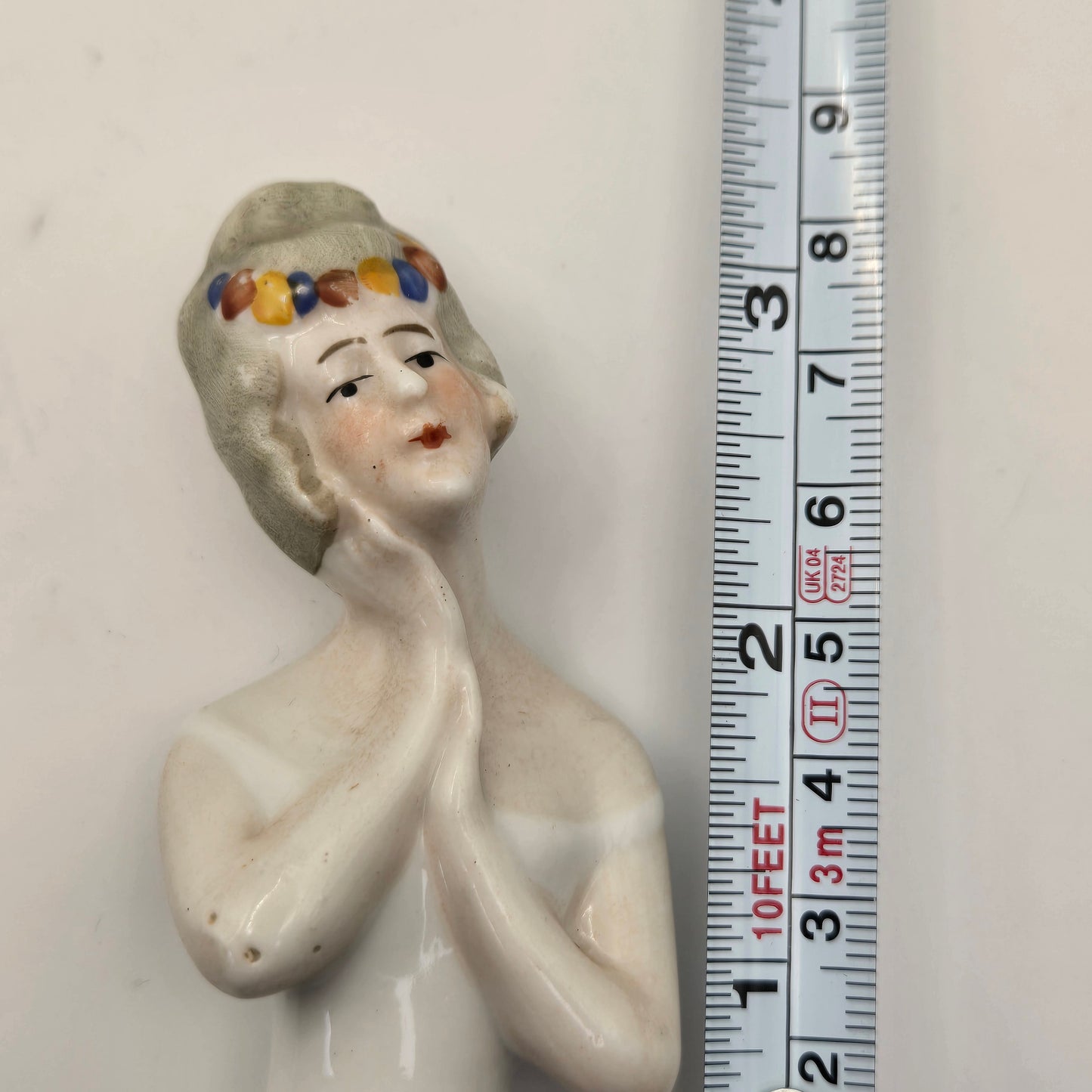 Antique German Porcelain Blonde Half Doll Multicolor Head Band