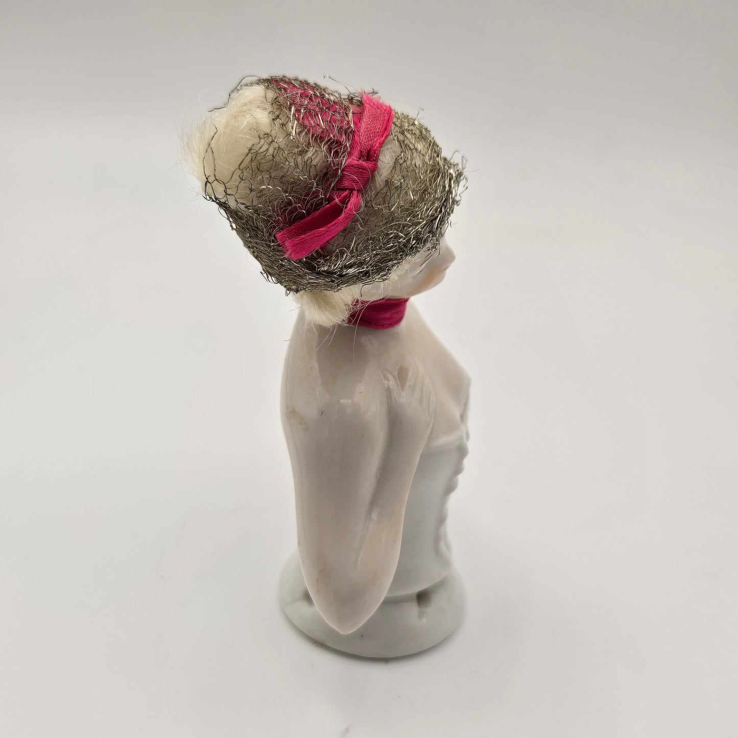 Antique German Porcelain Blonde Mohair Half Doll Hair Net and Red Ribbon