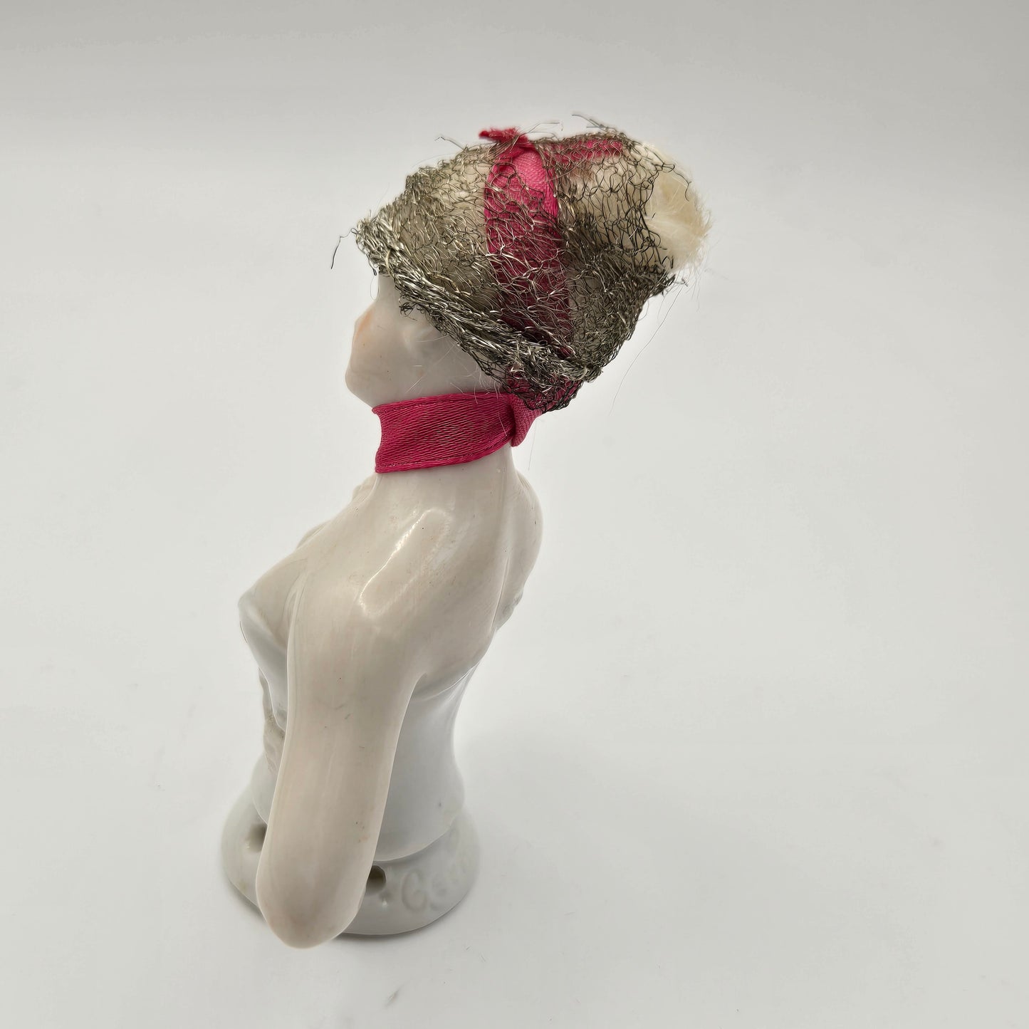 Antique German Porcelain Blonde Mohair Half Doll Hair Net and Red Ribbon