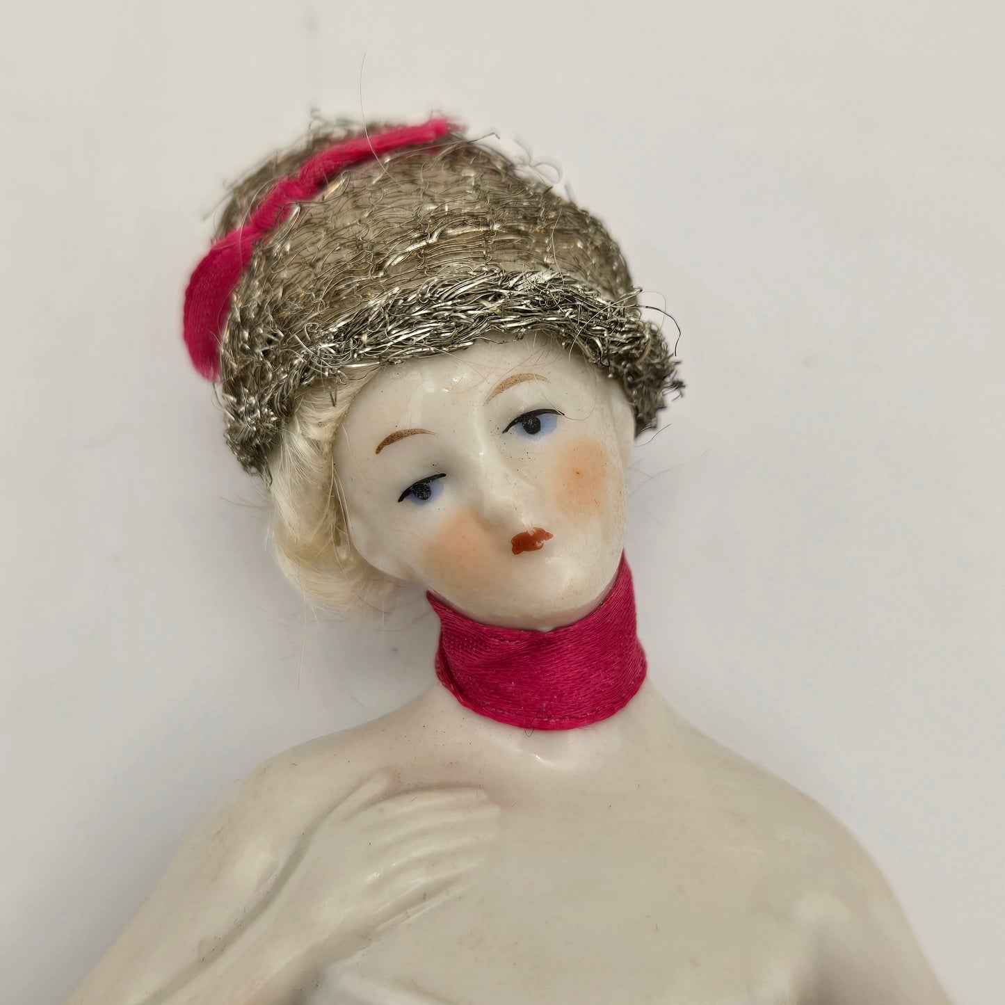 Antique German Porcelain Blonde Mohair Half Doll Hair Net and Red Ribbon