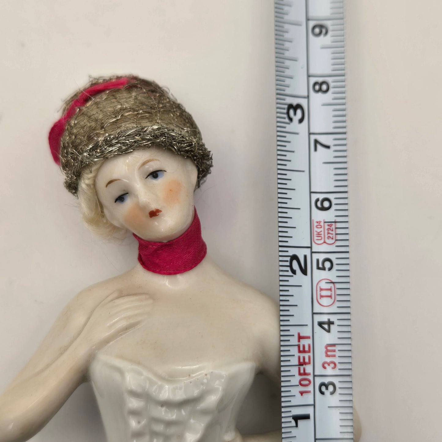 Antique German Porcelain Blonde Mohair Half Doll Hair Net and Red Ribbon