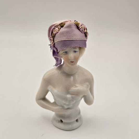 Antique German Porcelain Blonde Mohair Half Doll Purple Hat