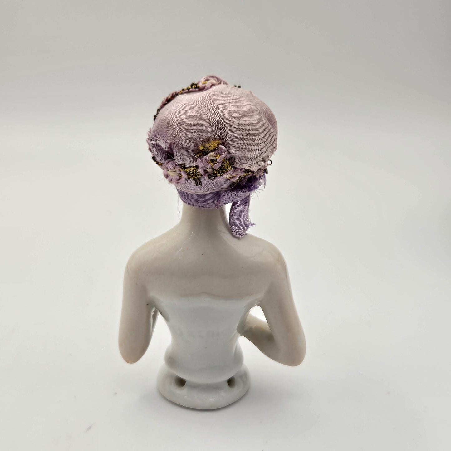 Antique German Porcelain Blonde Mohair Half Doll Purple Hat