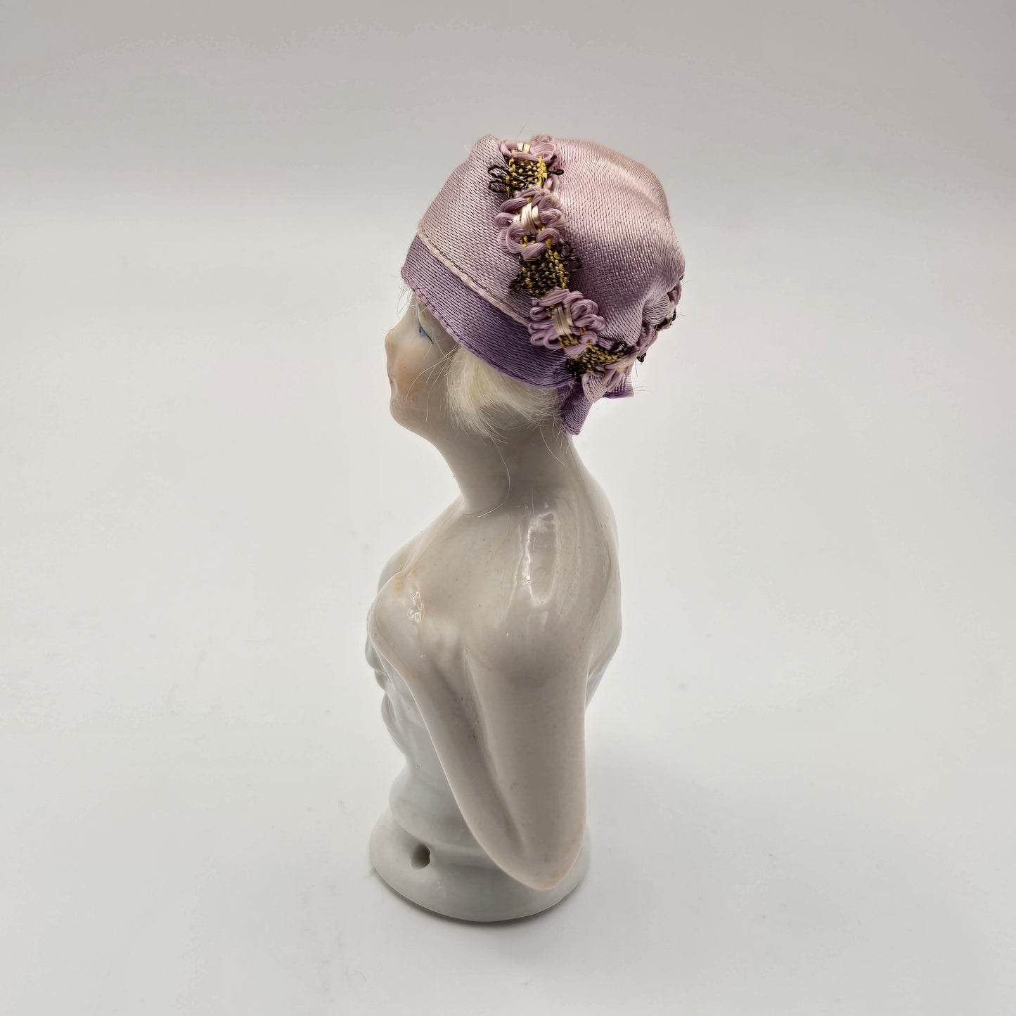 Antique German Porcelain Blonde Mohair Half Doll Purple Hat