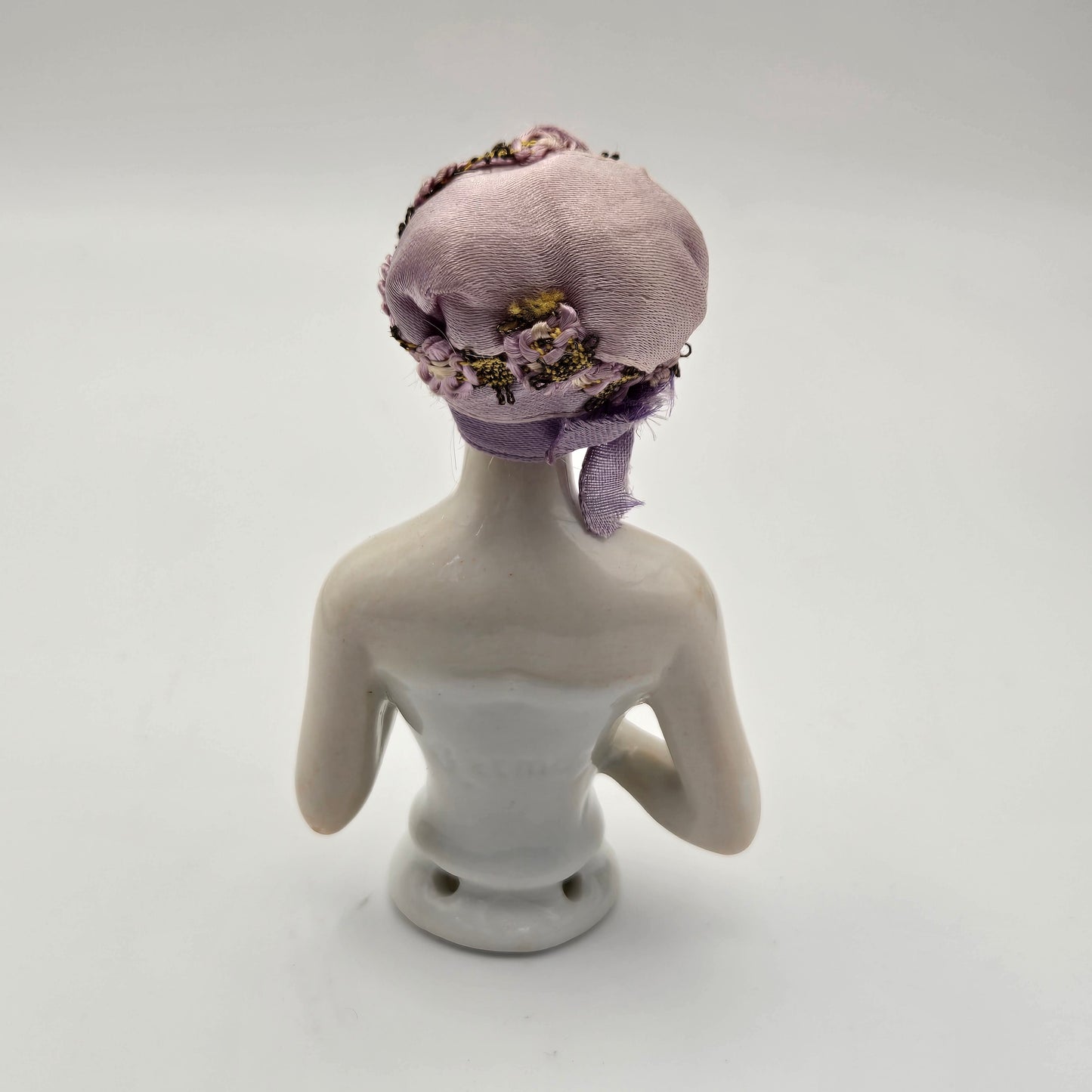 Antique German Porcelain Blonde Mohair Half Doll Purple Hat