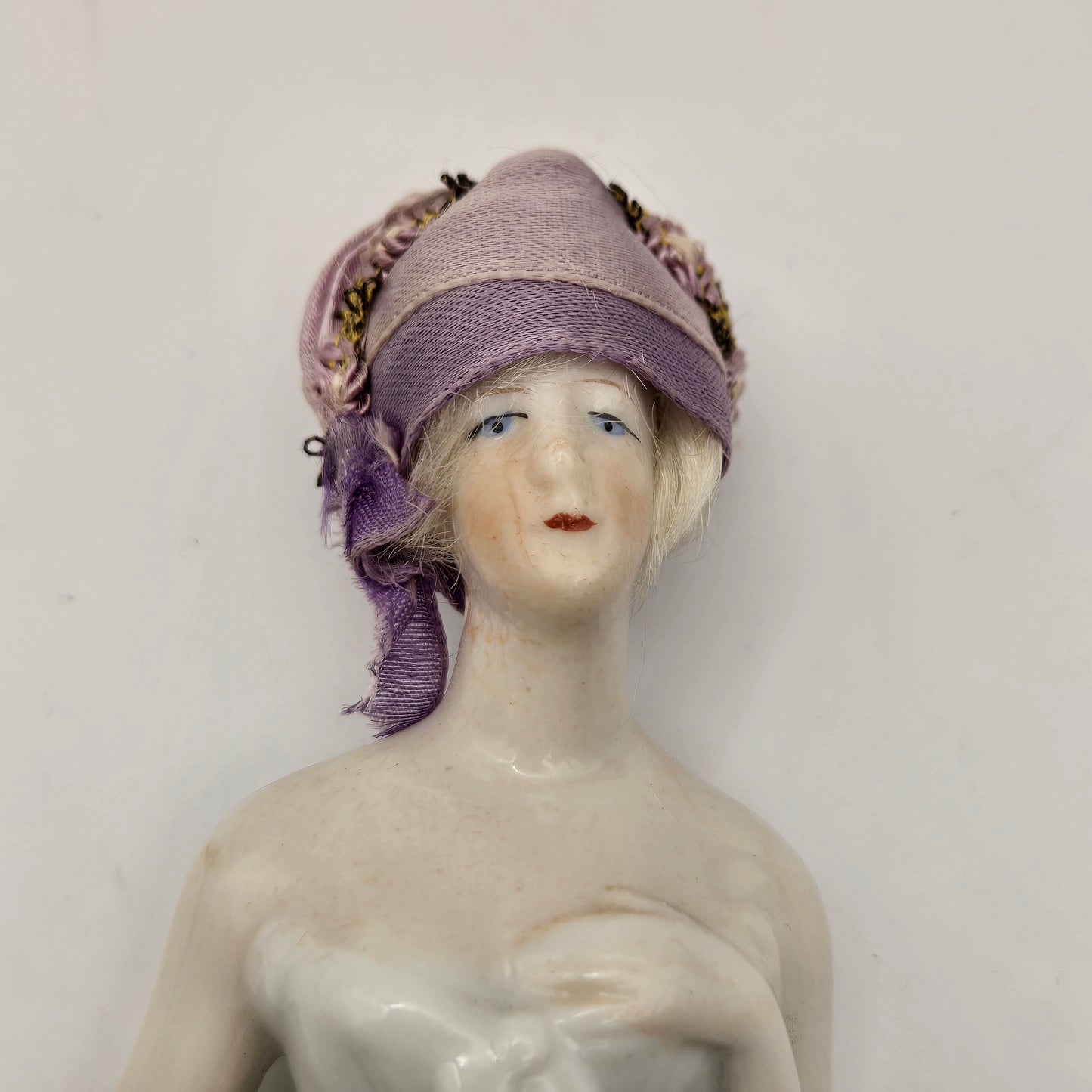 Antique German Porcelain Blonde Mohair Half Doll Purple Hat