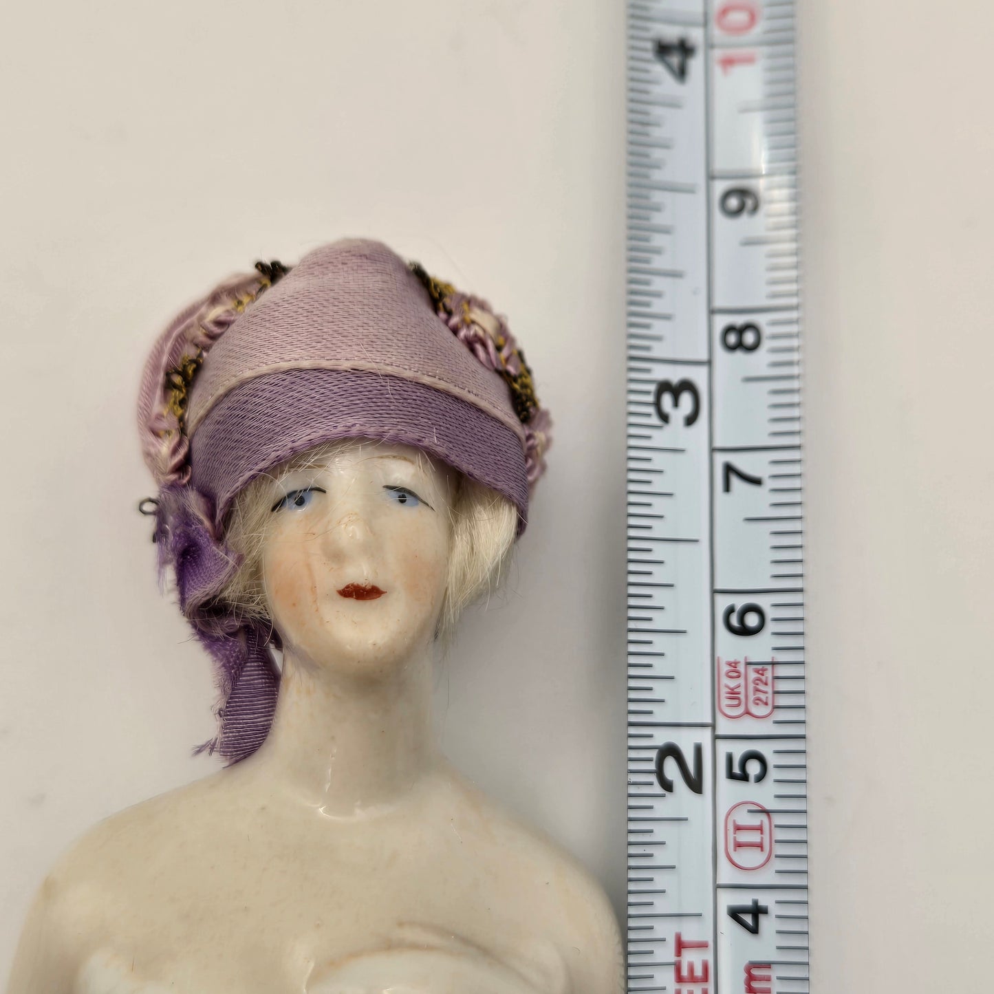 Antique German Porcelain Blonde Mohair Half Doll Purple Hat