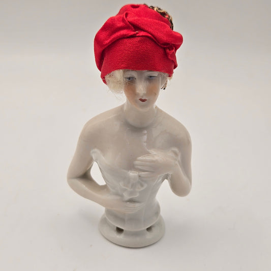 Antique German Porcelain Blonde Mohair Half Doll Red Hat