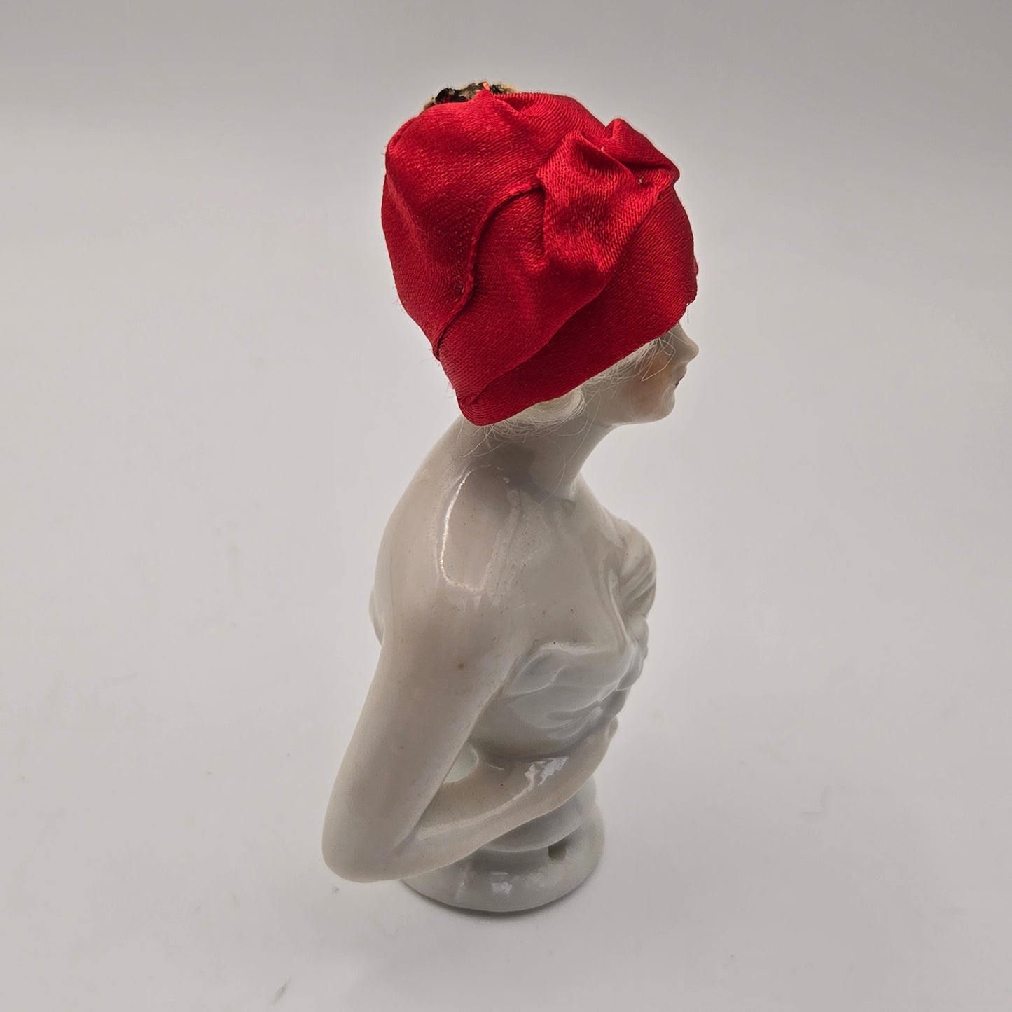 Antique German Porcelain Blonde Mohair Half Doll Red Hat