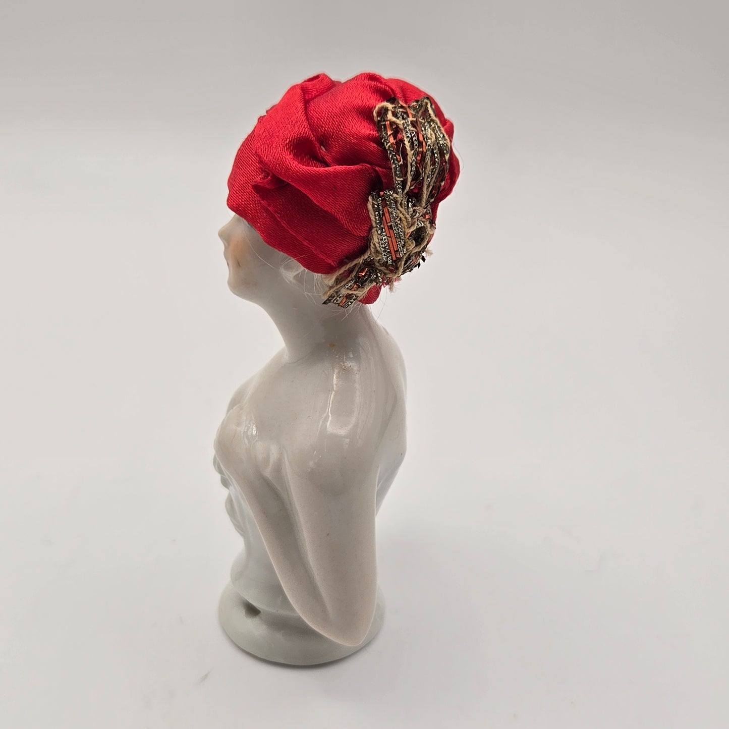 Antique German Porcelain Blonde Mohair Half Doll Red Hat