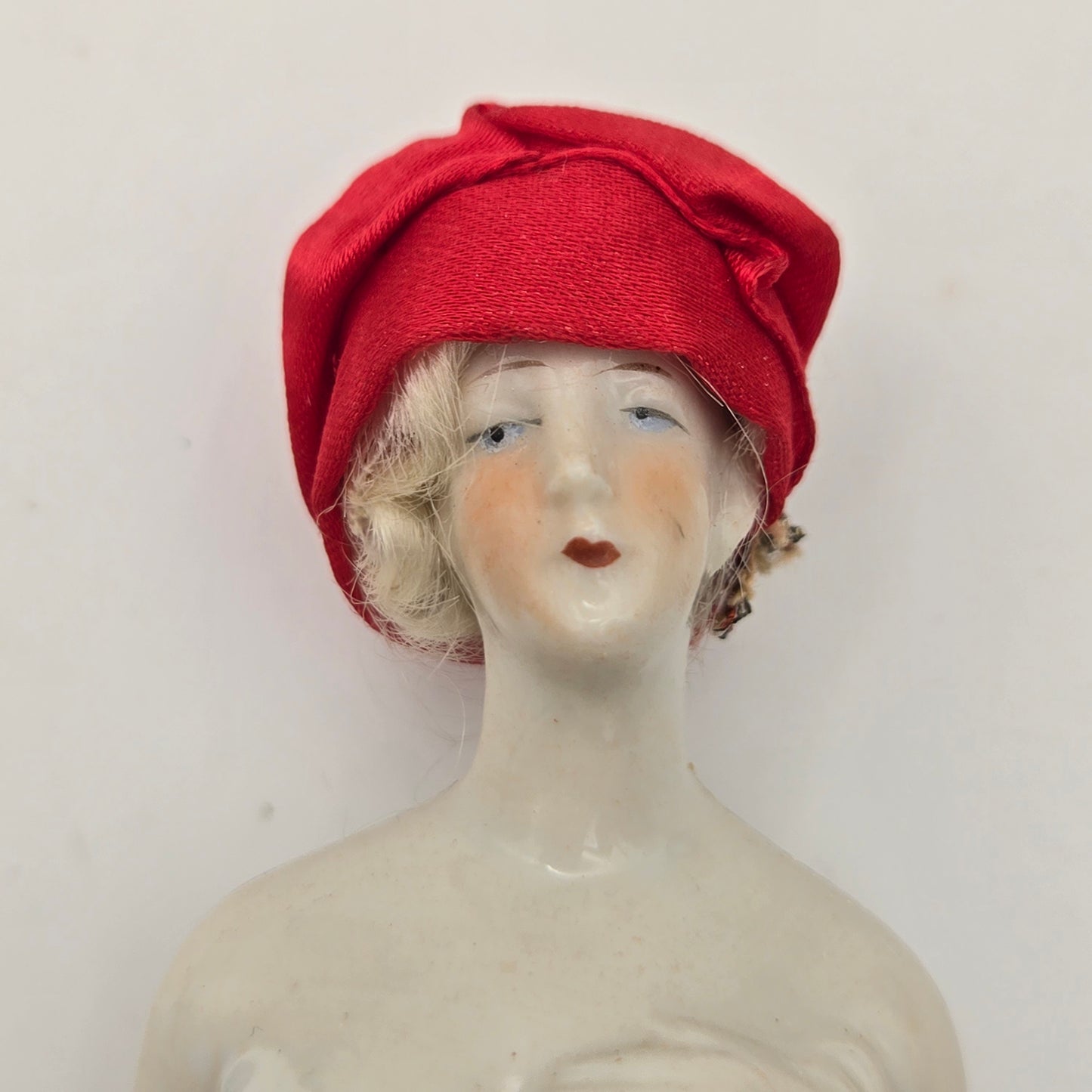 Antique German Porcelain Blonde Mohair Half Doll Red Hat