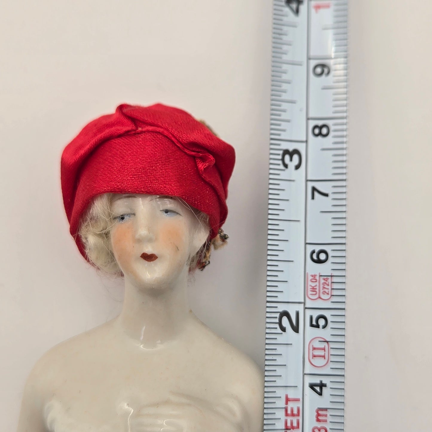 Antique German Porcelain Blonde Mohair Half Doll Red Hat