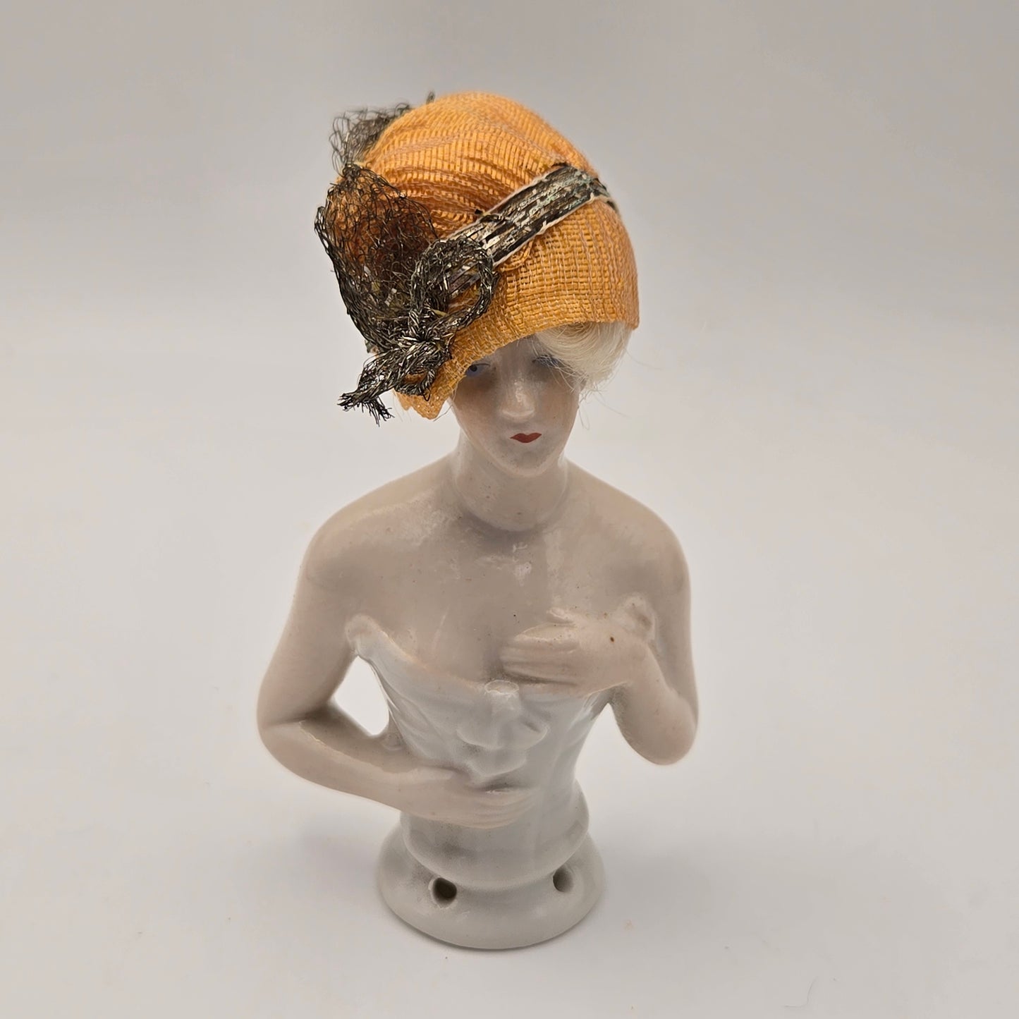 Antique German Porcelain Blonde Mohair Half Doll Gold Hat