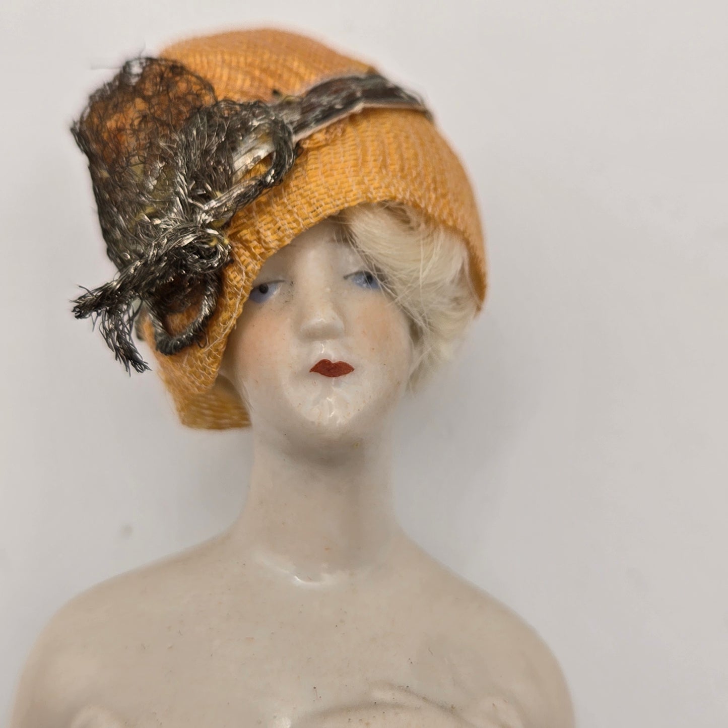 Antique German Porcelain Blonde Mohair Half Doll Gold Hat