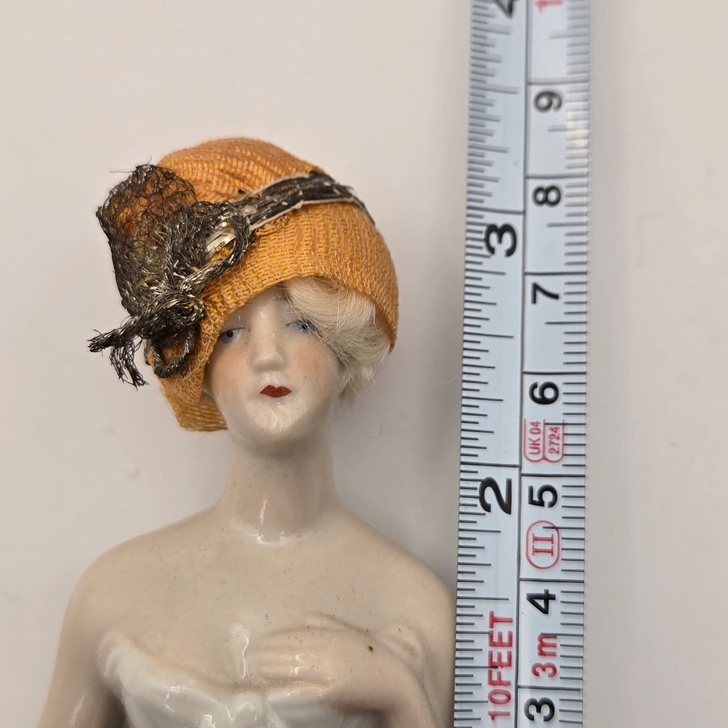 Antique German Porcelain Blonde Mohair Half Doll Gold Hat