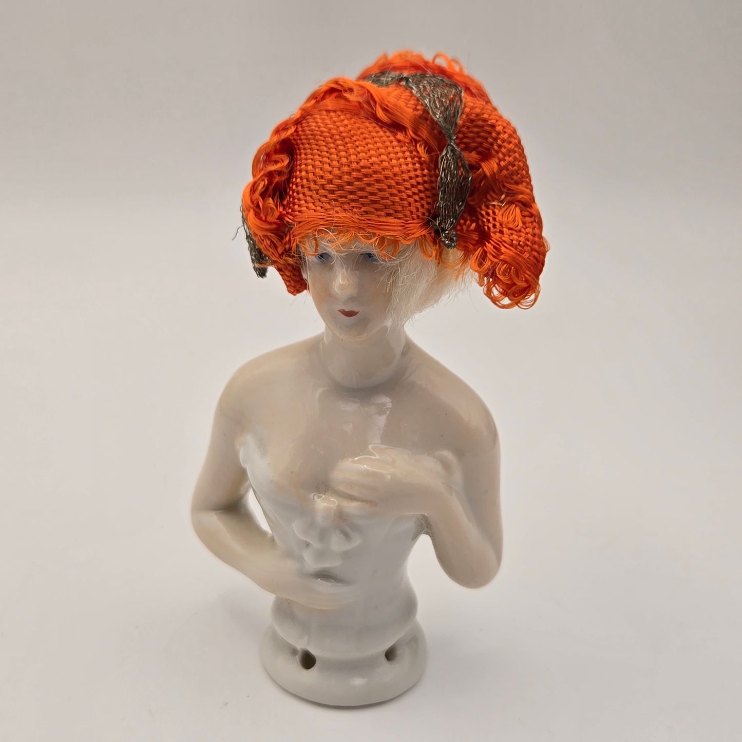 Antique German Porcelain Blonde Mohair Half Doll Orange Scarf on Head