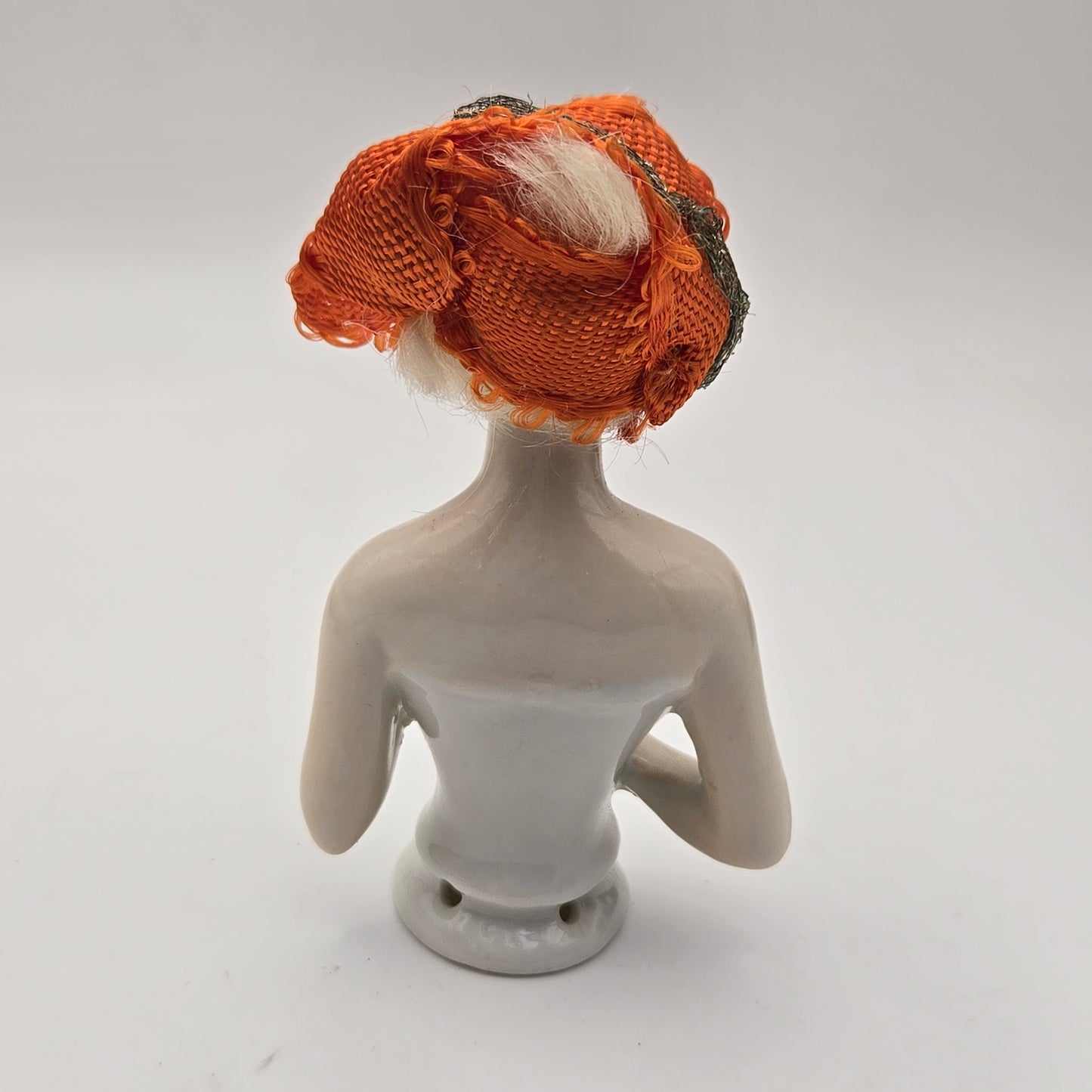 Antique German Porcelain Blonde Mohair Half Doll Orange Scarf on Head