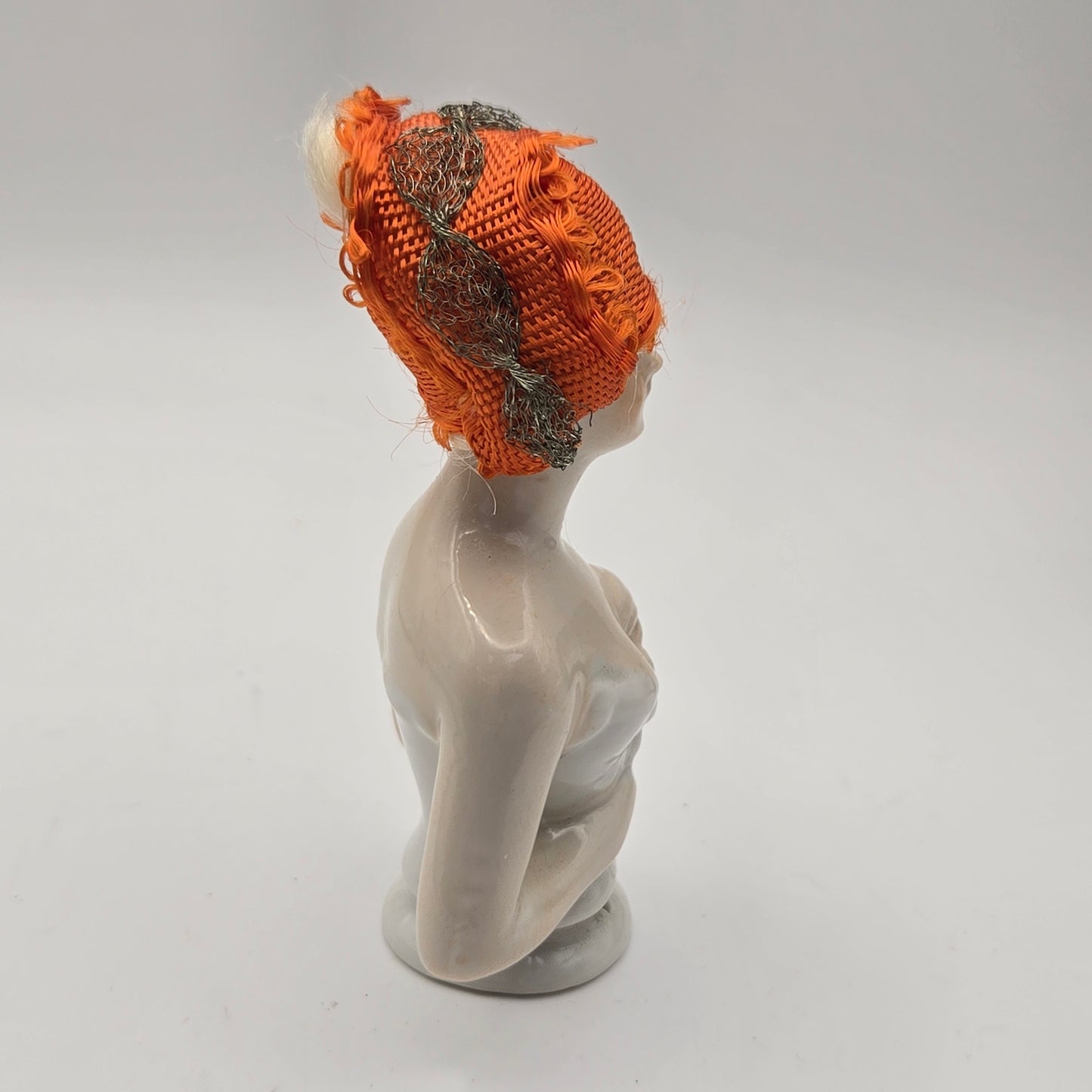 Antique German Porcelain Blonde Mohair Half Doll Orange Scarf on Head