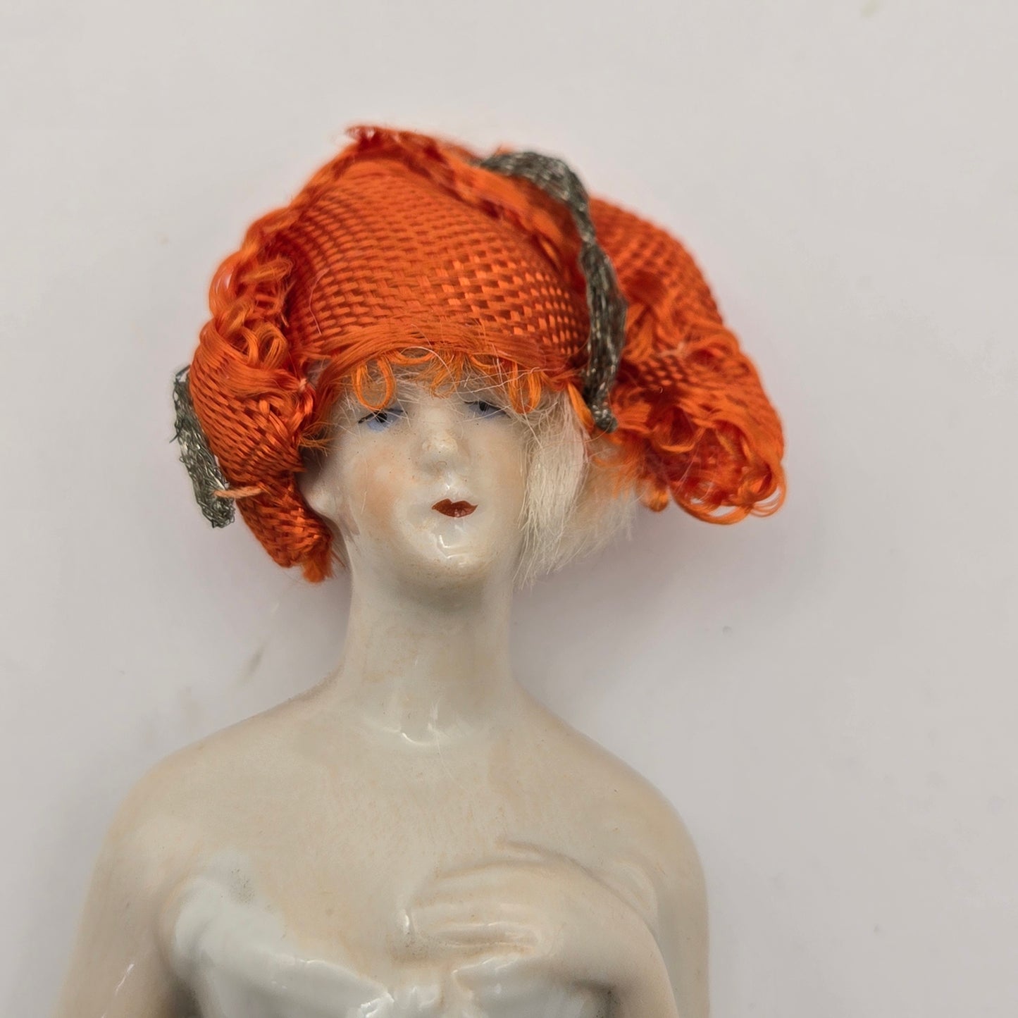 Antique German Porcelain Blonde Mohair Half Doll Orange Scarf on Head