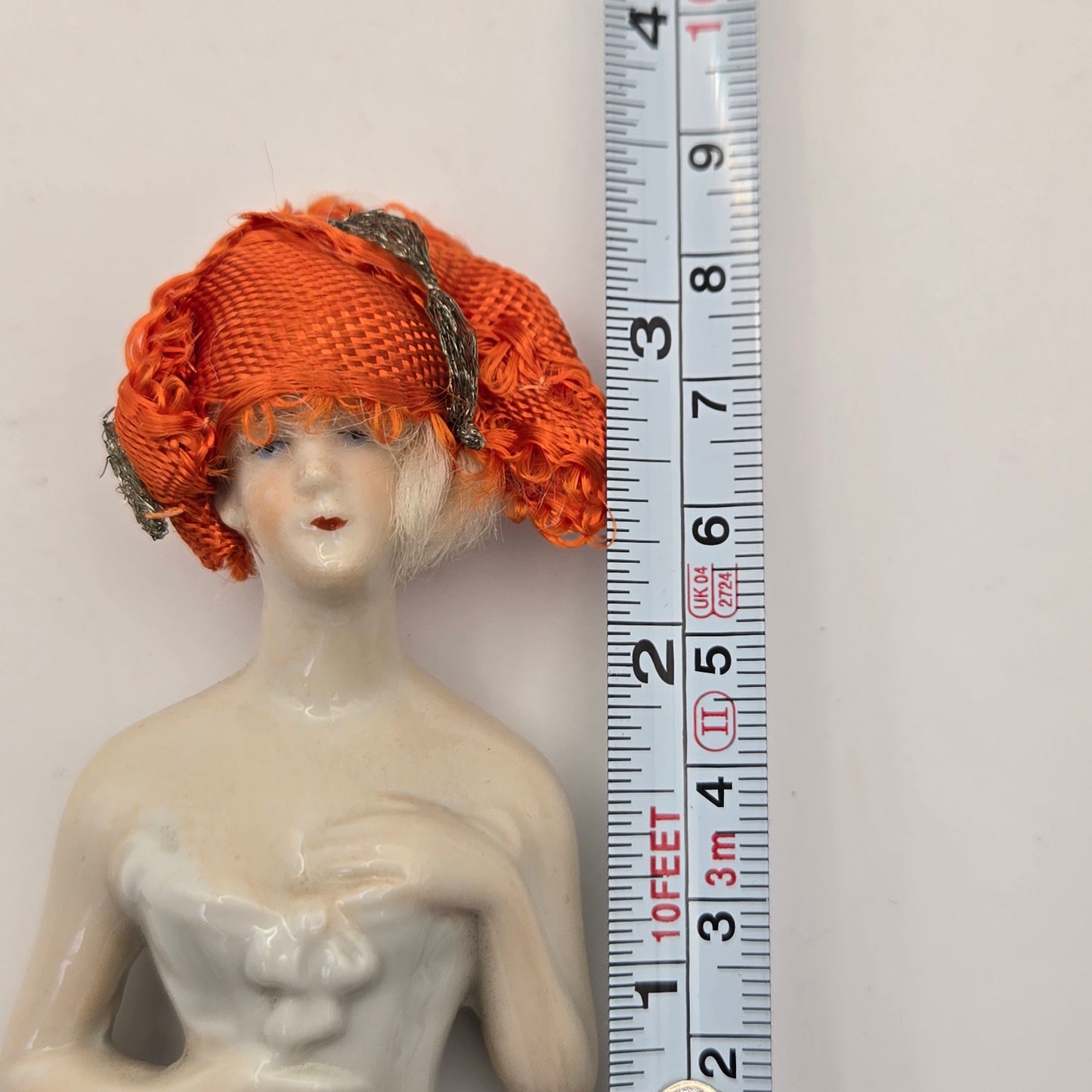 Antique German Porcelain Blonde Mohair Half Doll Orange Scarf on Head