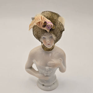 Antique German Porcelain Blonde Mohair Half Doll Hair Net with Ribbon