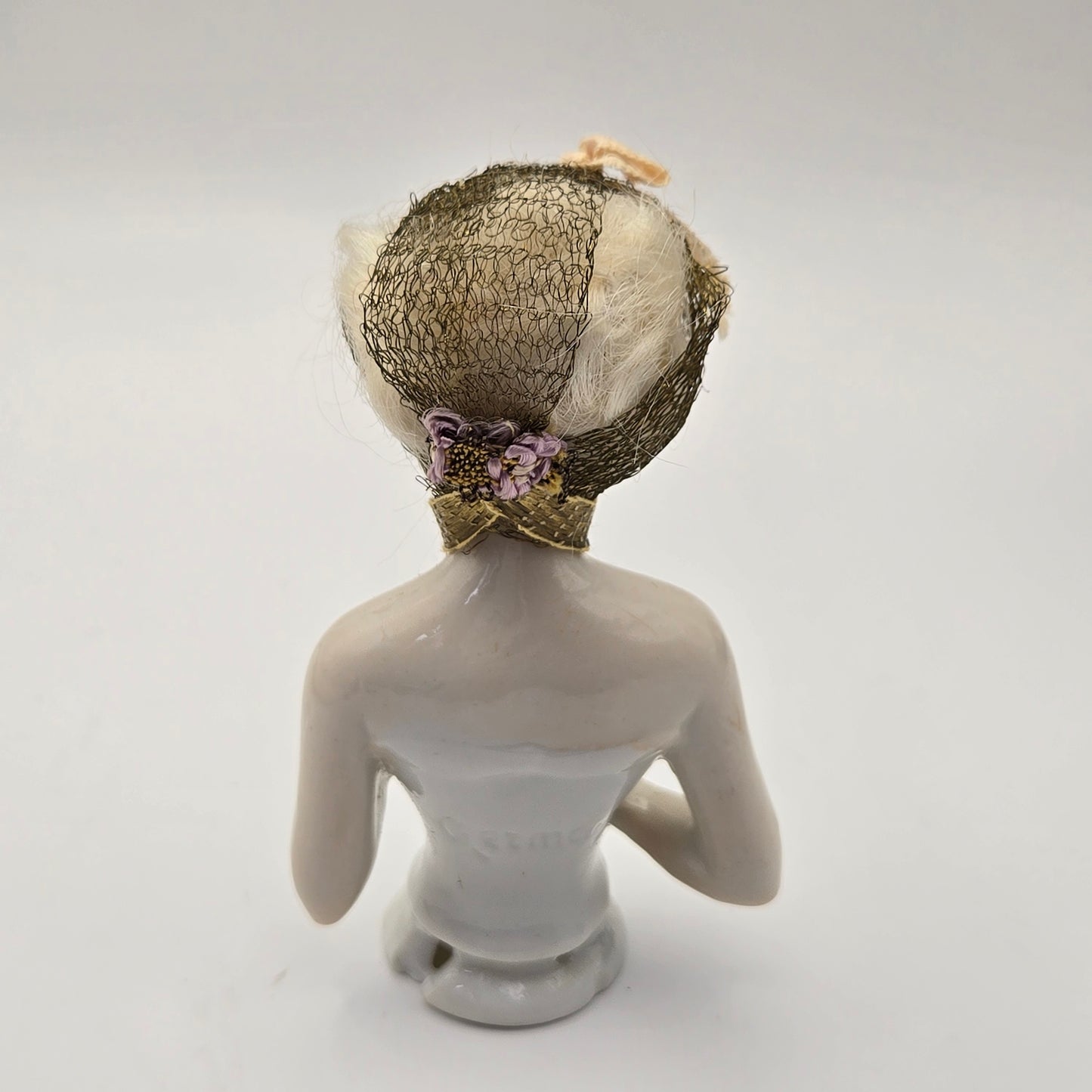 Antique German Porcelain Blonde Mohair Half Doll Hair Net with Ribbon