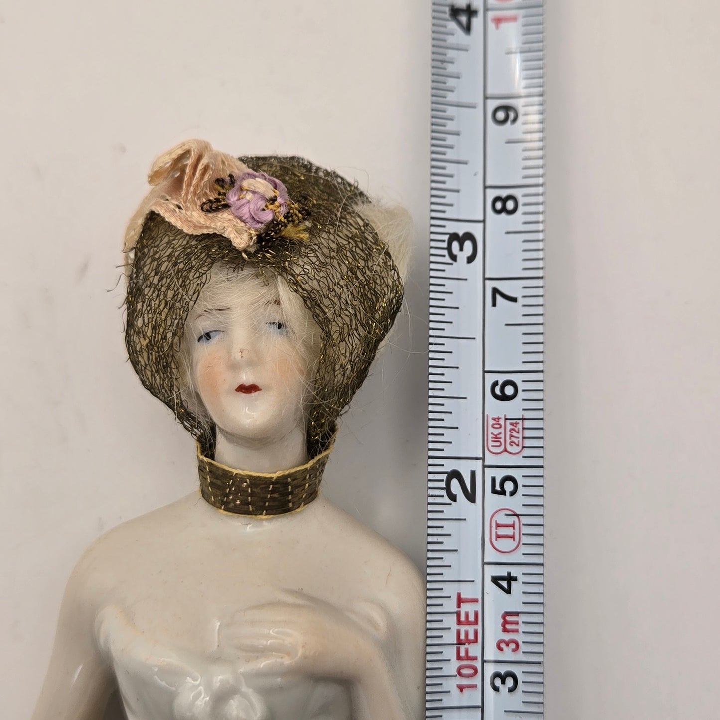 Antique German Porcelain Blonde Mohair Half Doll Hair Net with Ribbon