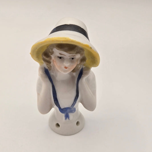 Antique German Porcelain Half Doll with Hat