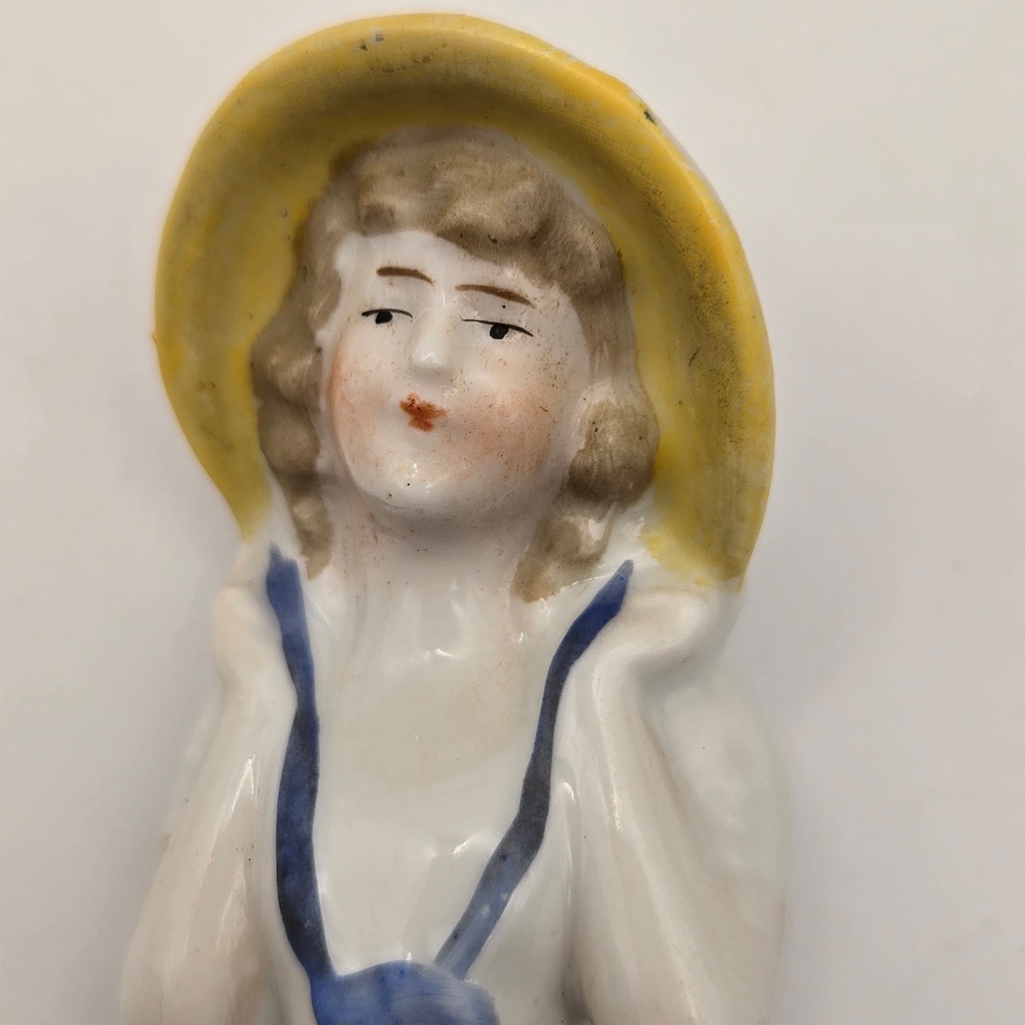 Antique German Porcelain Half Doll with Hat